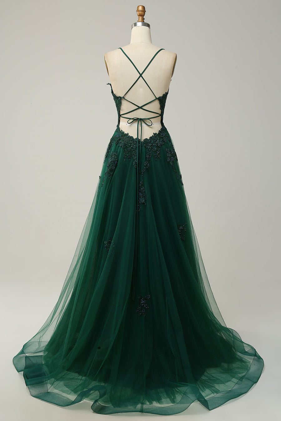 Hunter Green Plunging V Neck Appliques Lace-Up A-line Long Prom Dress
