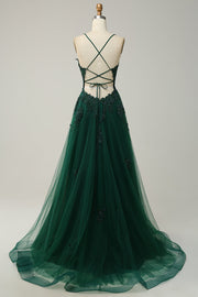 Hunter Green Plunging V Neck Appliques Lace-Up A-line Long Prom Dress