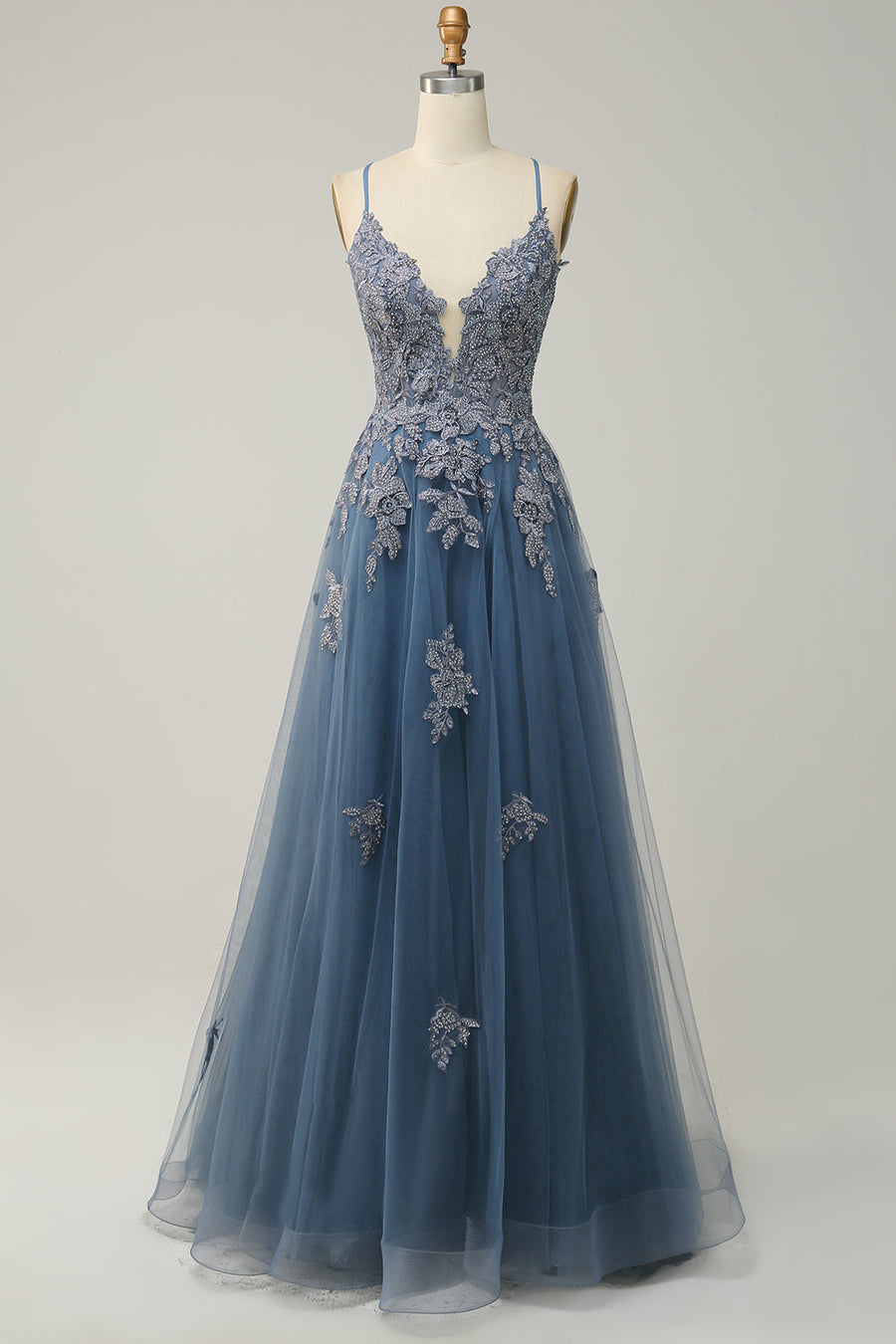 Plunging V Neck Appliques Lace-Up A-line Long Prom Dress | Joyofdress Plunging V Neck Appliques Lace-Up A-line Long Prom Dress | Joyofdress