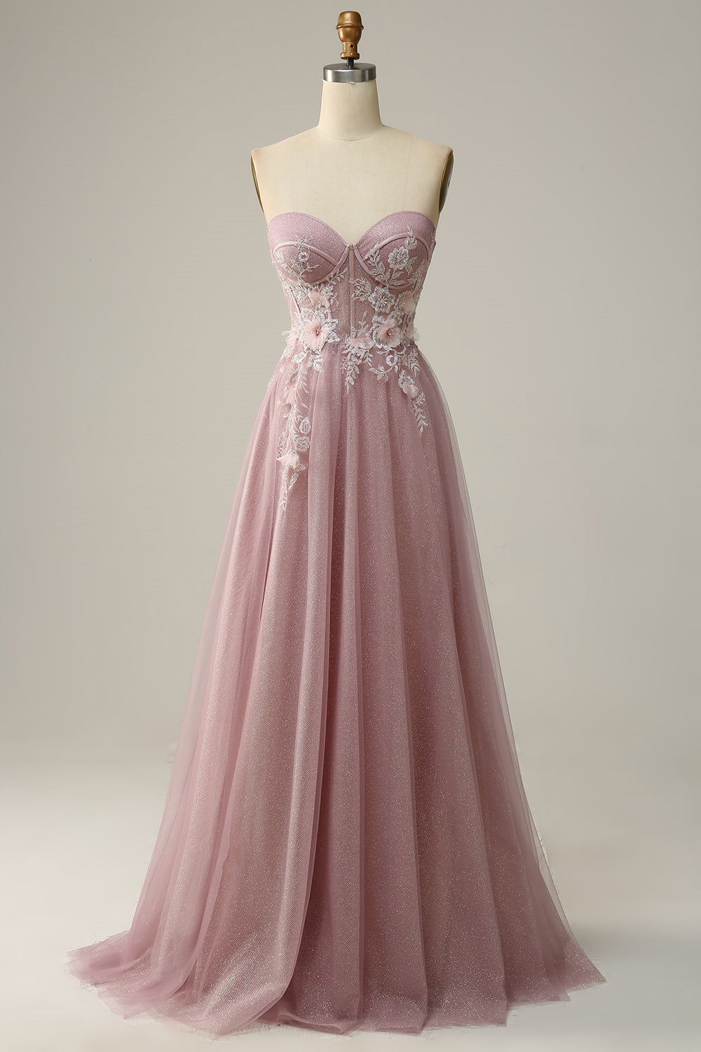 Blush Pink Strapless Sweetheart Appliques A-line Long Prom Dress