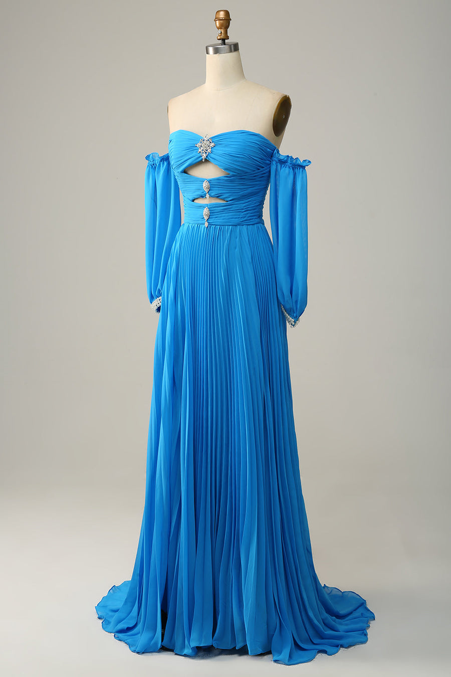 Blue Off-the-Shoulder Long Sleeves Cut-Out A-line Long Prom Dress