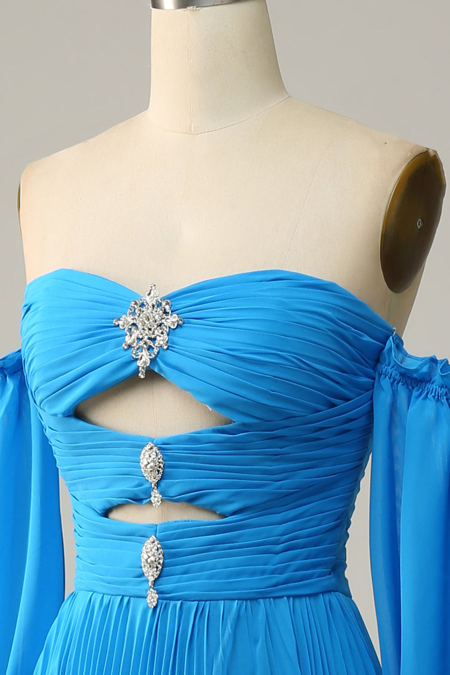 Blue Off-the-Shoulder Long Sleeves Cut-Out A-line Long Prom Dress