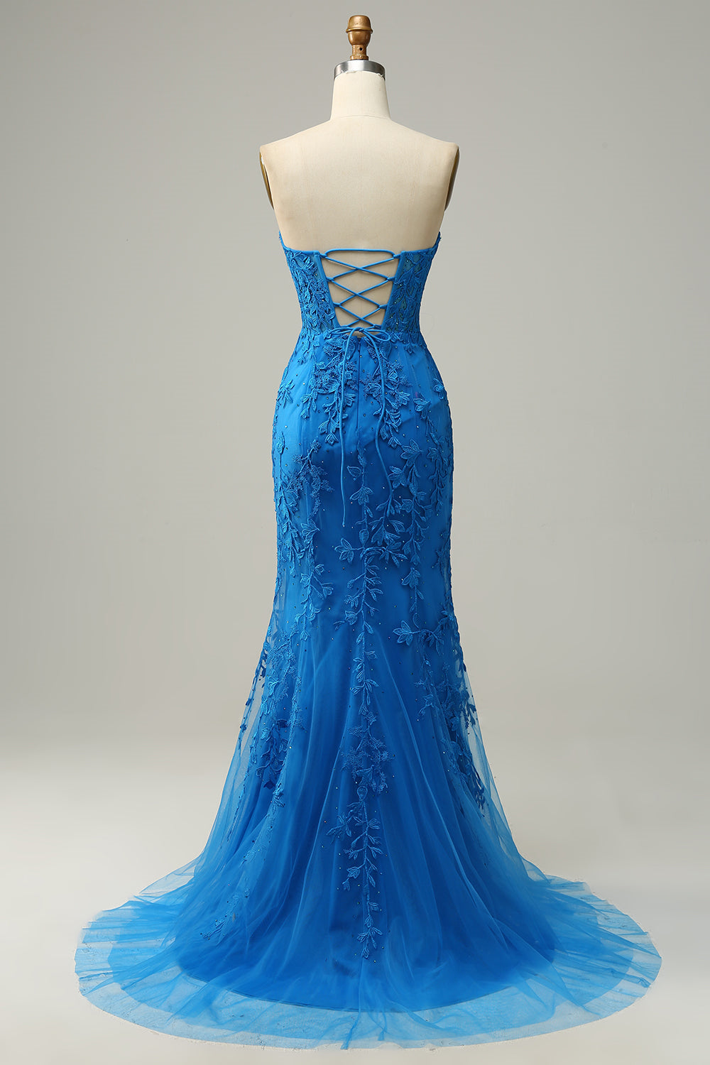 Blue Mermaid Strapless Lace-Up Tulle Applique Long Prom Dress