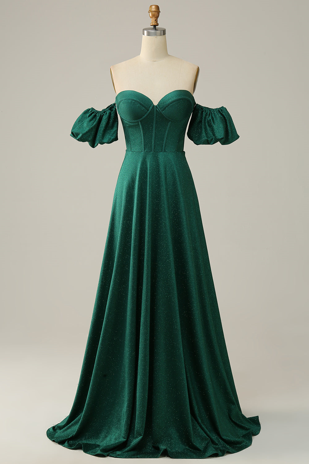 Sparkly Hunter Green Off-The-Shoulder Puff Sleeves A-Line Long Prom Dress Hunter Green / US 16 Sparkly Hunter Green Off-The-Shoulder Puff Sleeves A-Line Long Prom Dress Hunter Green / US 16