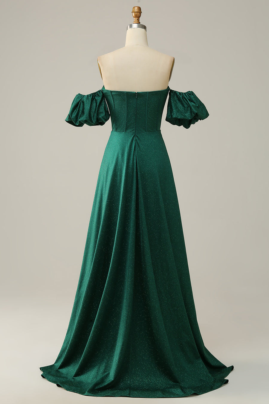 Sparkly Hunter Green Off-the-Shoulder Puff Sleeves A-line Long Prom Dress