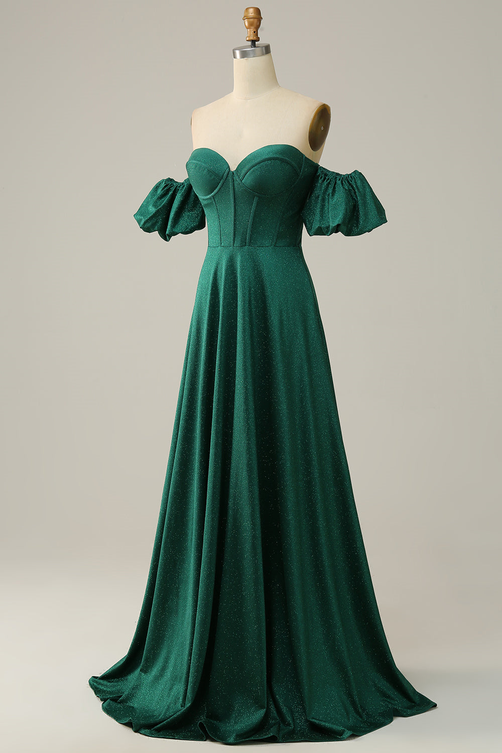 Sparkly Hunter Green Off-the-Shoulder Puff Sleeves A-line Long Prom Dress