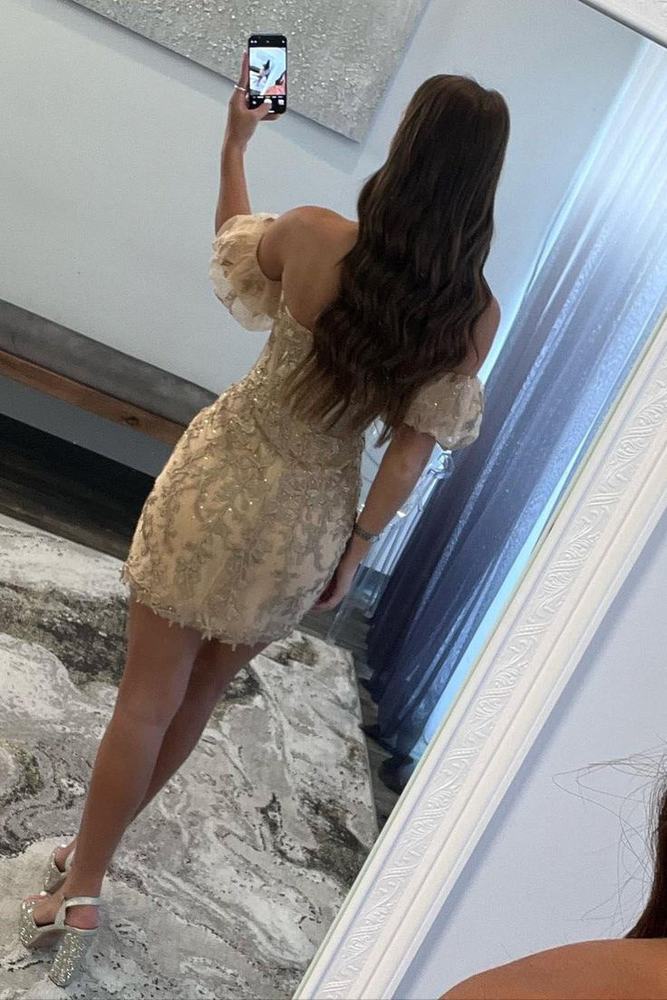 Off The Shoulder Short Champagne Lace Formal Homecoming Dresses Champagne / US 12 Off The Shoulder Short Champagne Lace Formal Homecoming Dresses Champagne / US 12