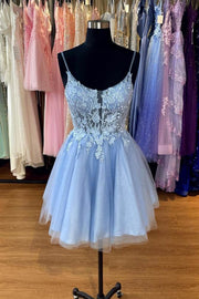 Blue Appliques Spaghetti Strap A-line Homecoming Dress