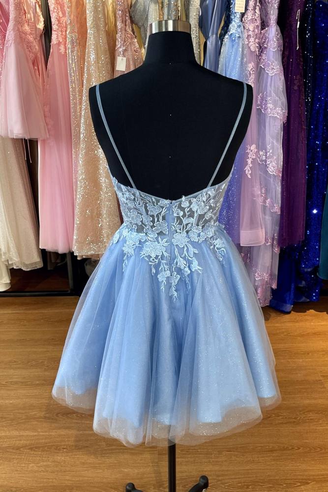 Blue Appliques Spaghetti Strap A-line Homecoming Dress