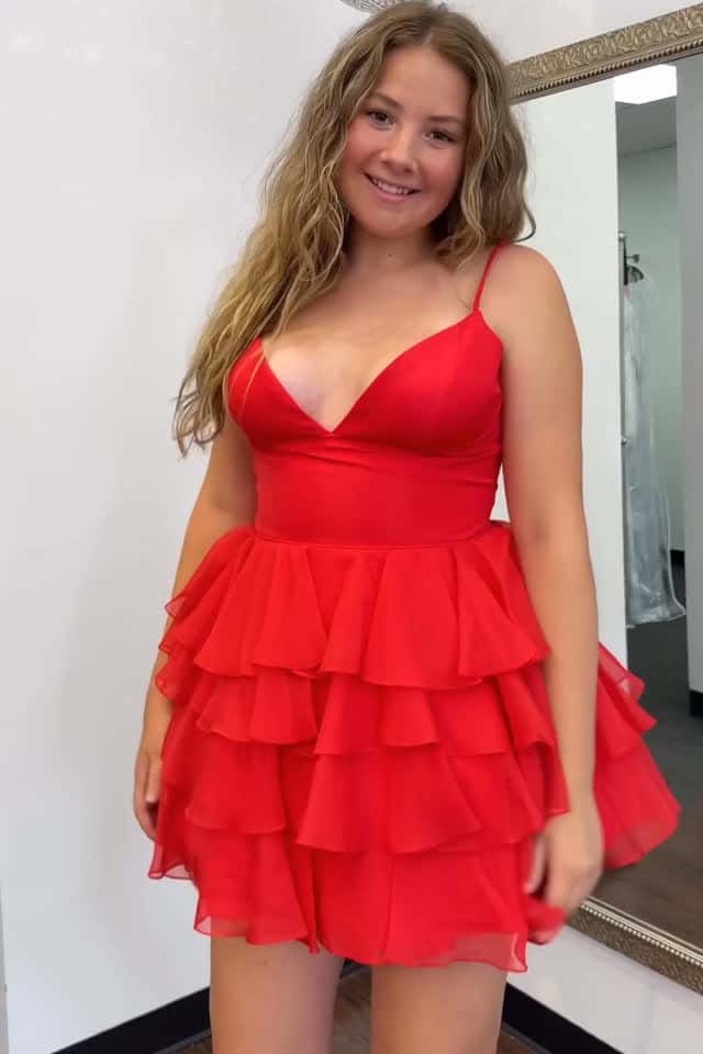 Spaghetti Straps V-Neck A-Line Empire Tiered Homecoming Dress
