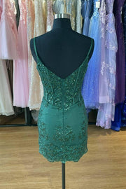 Green Spaghetti Strap Sequin Homecoming Dress