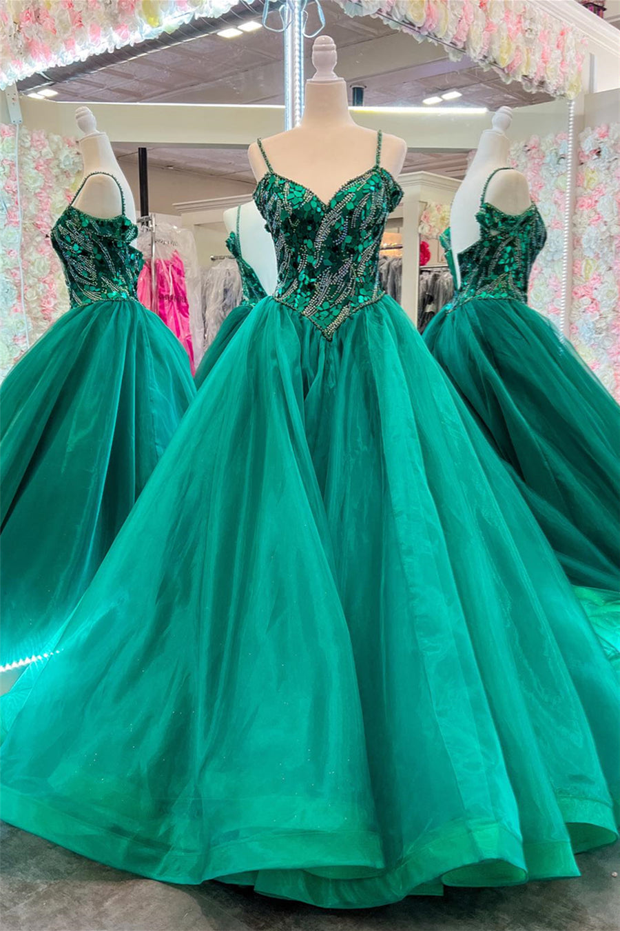 Green Beaded Mirror-Cut Sequins Straps A-line Long Prom Dress | Joyofdress Green Beaded Mirror-Cut Sequins Straps A-line Long Prom Dress | Joyofdress