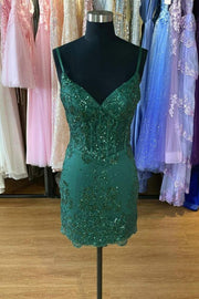 Green Spaghetti Strap Sequin Homecoming Dress