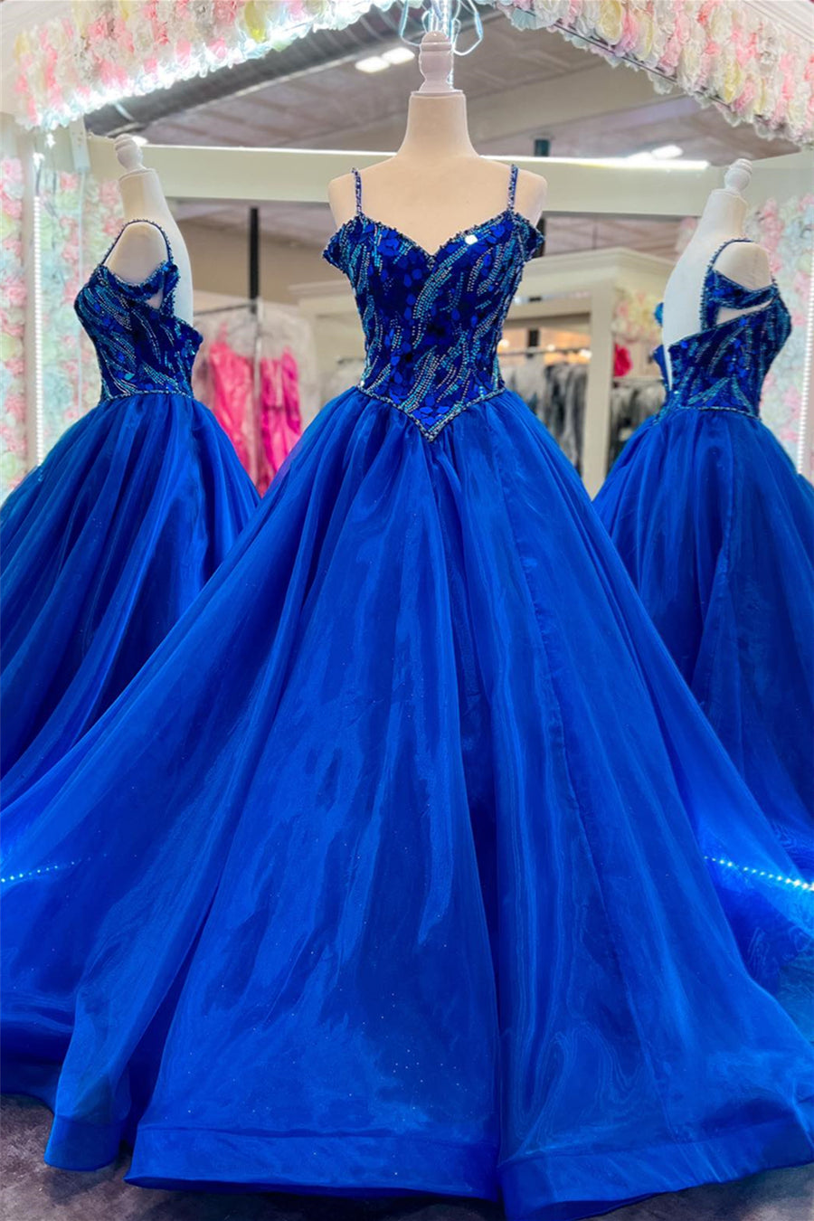 Royal Blue Beaded Mirror-Cut Sequins Straps A-line Long Prom Dress