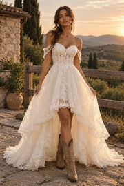 Sweetheart Off-Shoulder Lace A-Line High-Low Tiered Wedding Dress