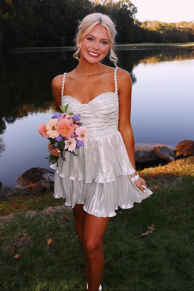 Sweetheart Spaghetti Straps Pleated A-Line Short Homecoming Dress