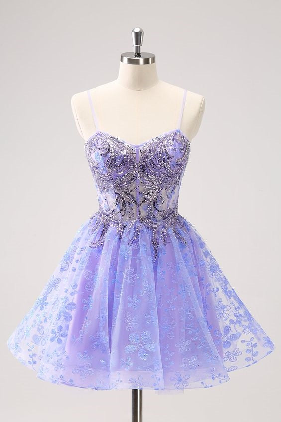 Sparkly Lilac Floral A Line Corset Short Homecoming Dress