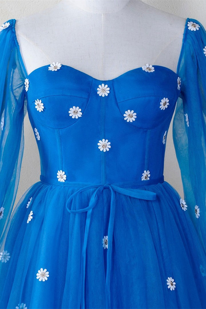Blue Tulle Illusion Long Sleeves Daisy Appliques Homecoming Dress