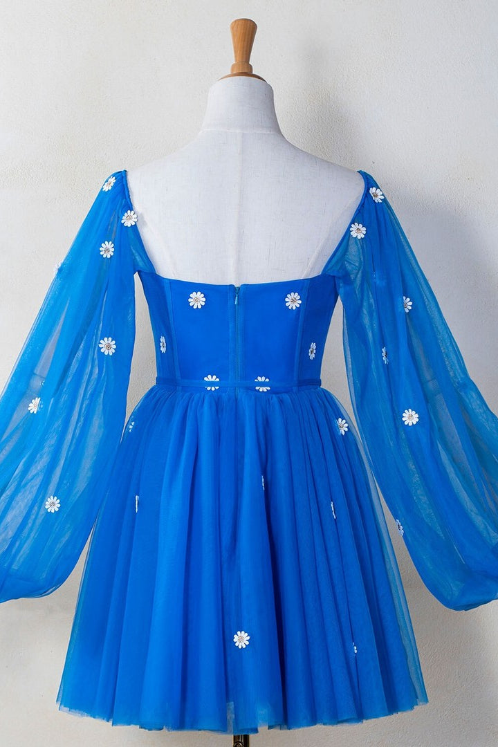 Blue Tulle Illusion Long Sleeves Daisy Appliques Homecoming Dress