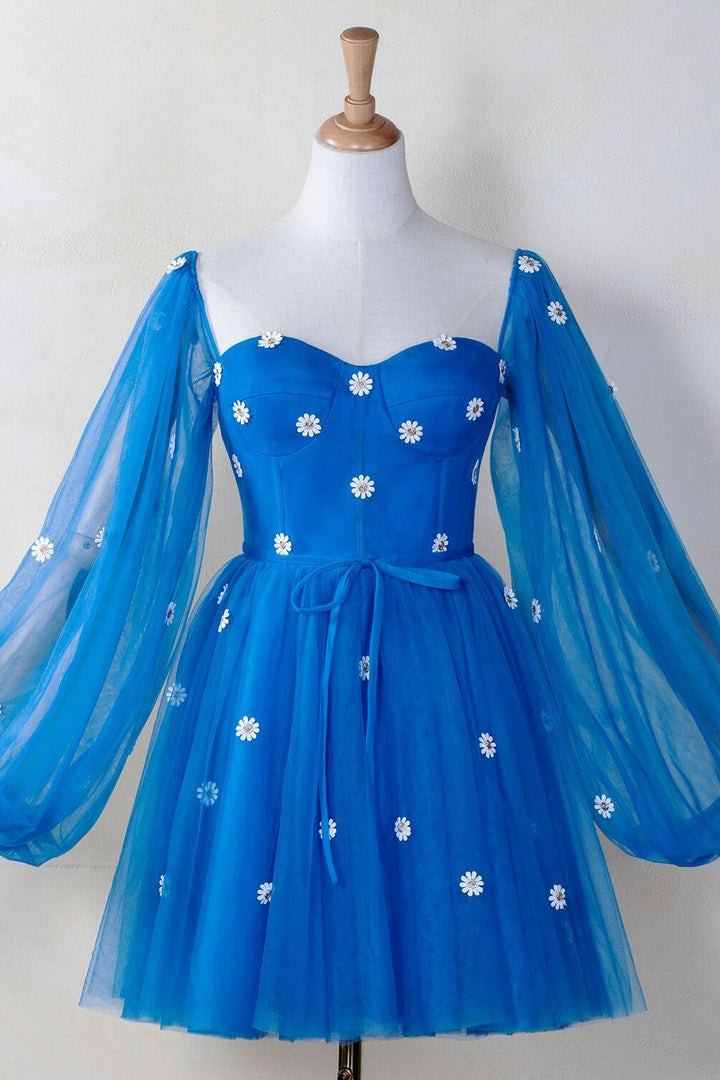 Blue Tulle Illusion Long Sleeves Daisy Appliques Homecoming Dress 