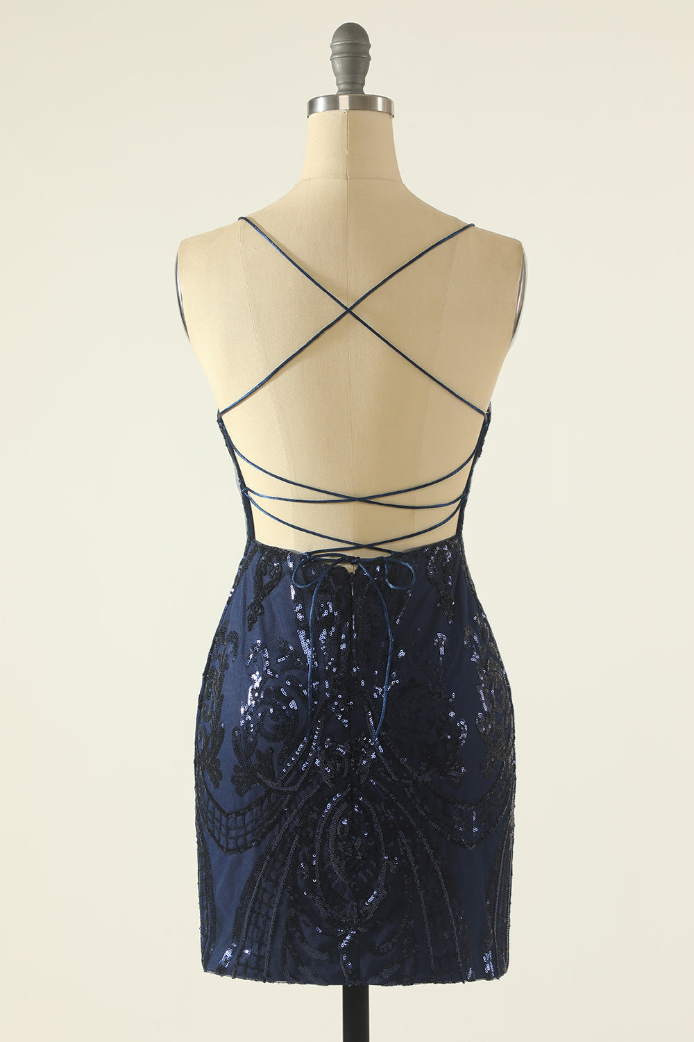 Dark Navy Lace-Up Sheath Sequins-Embroidered Homecoming Dress