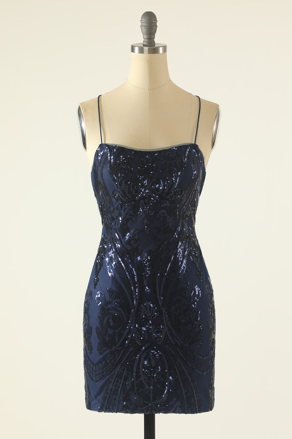 Dark Navy Lace-Up Sheath Sequins-Embroidered Homecoming Dress