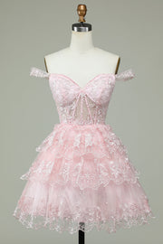 Pink Off-the-Shoulder Appliques Multi-Layers Homecoming Dress
