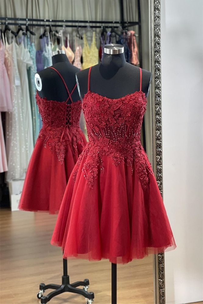 Red Appliques A-line Spaghetti Strap Tulle Homecoming Dress | Joyofdress Red Appliques A-line Spaghetti Strap Tulle Homecoming Dress | Joyofdress