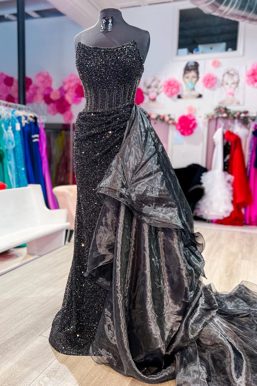 Black Strapless Mermaid Sequins Long Prom Dress with Detachable Train Black / US 10 Black Strapless Mermaid Sequins Long Prom Dress with Detachable Train Black / US 10