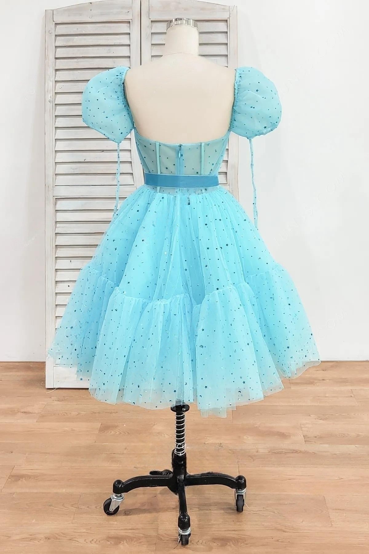 Blue A-line Stars Puff Sleeves Tulle Homecoming Dress with Sash