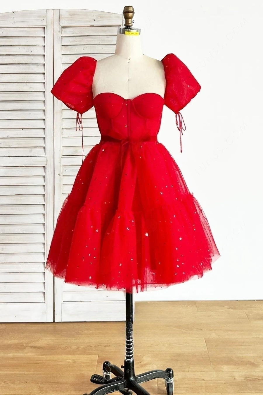 Red A-line Stars Puff Sleeves Tulle Homecoming Dress with Sash