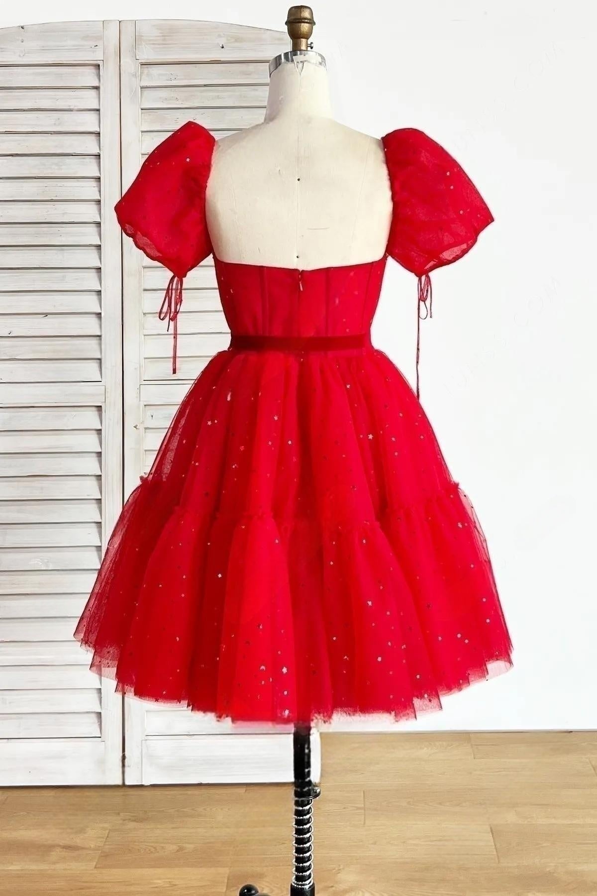 Red A-line Stars Puff Sleeves Tulle Homecoming Dress with Sash