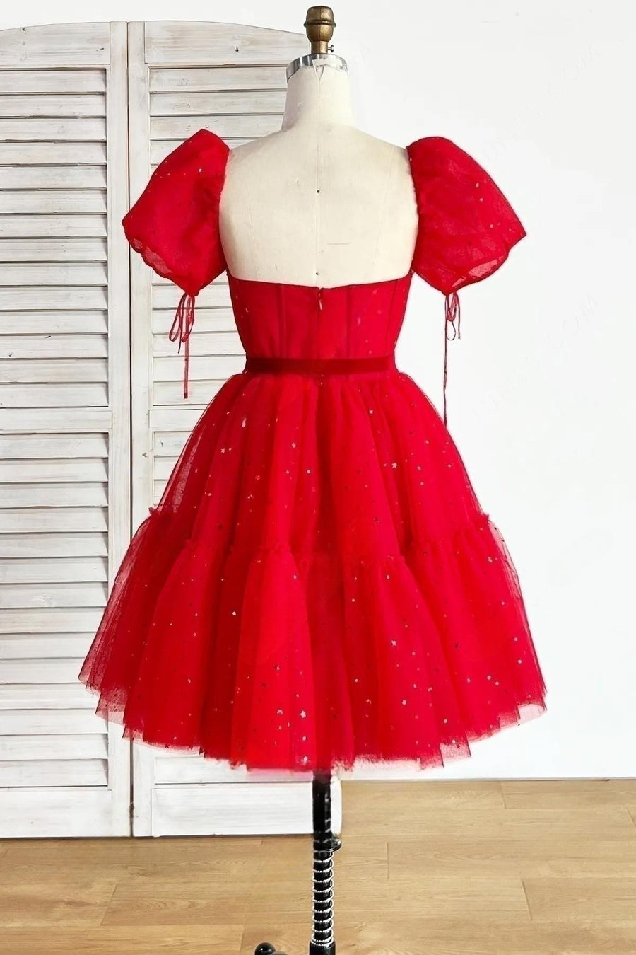 Blue A-line Stars Puff Sleeves Tulle Homecoming Dress with Sash Blue / Custom Size Blue A-line Stars Puff Sleeves Tulle Homecoming Dress with Sash Blue / Custom Size