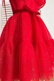 Red A-line Stars Puff Sleeves Tulle Homecoming Dress with Sash