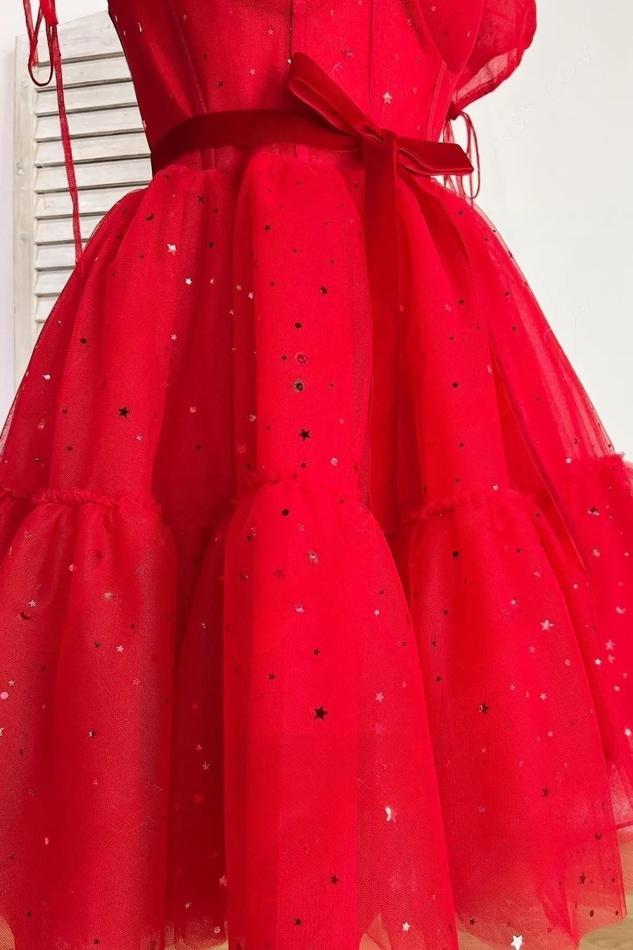 Red A-line Stars Puff Sleeves Tulle Homecoming Dress with Sash