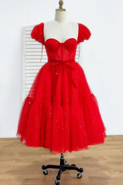 Red A-line Stars Puff Sleeves Tulle Homecoming Dress with Sash