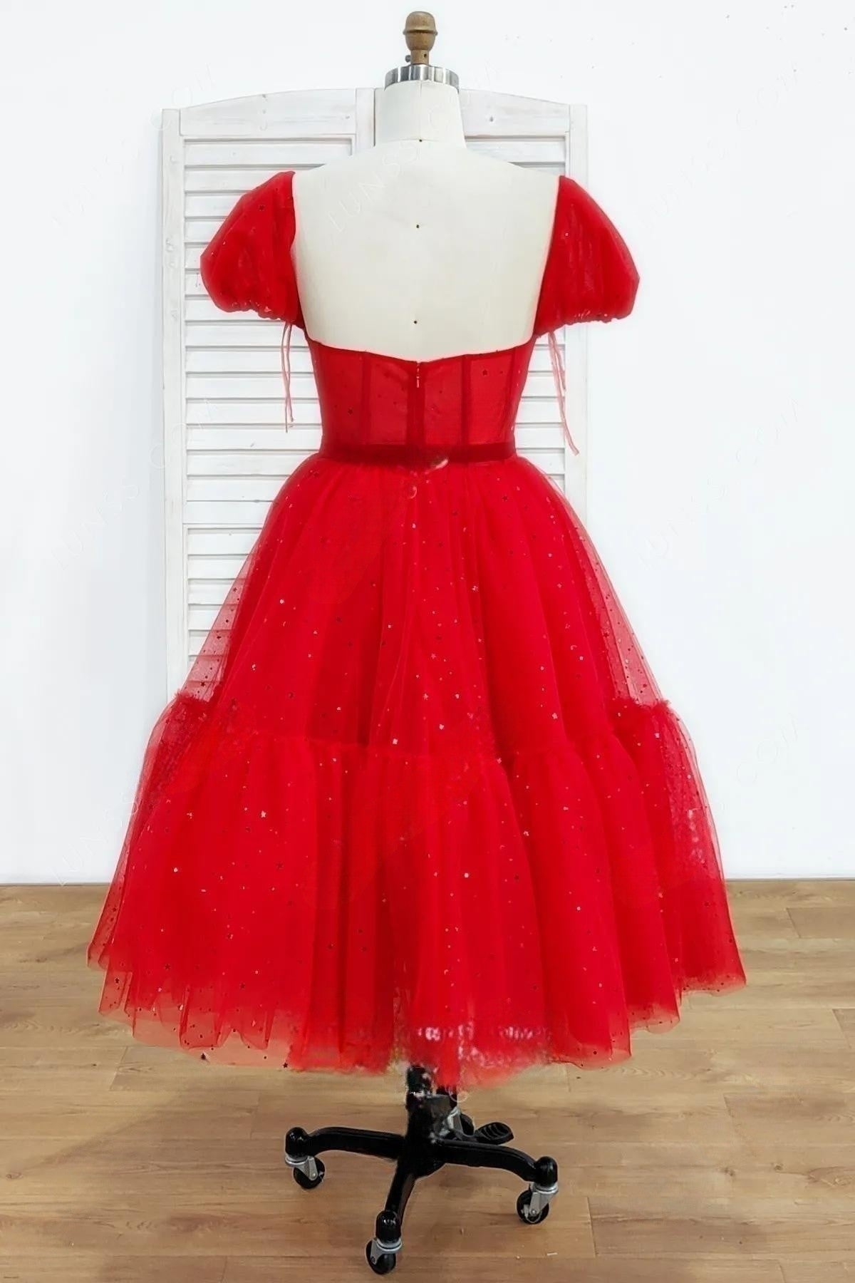 Red A-line Stars Puff Sleeves Tulle Homecoming Dress with Sash