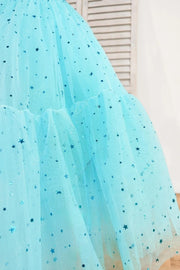 Blue A-line Stars Puff Sleeves Tulle Homecoming Dress with Sash