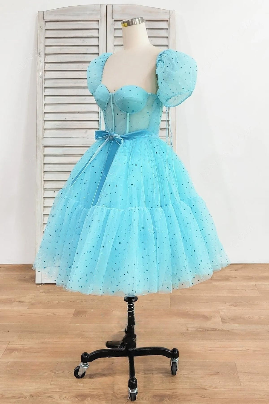 Blue A-line Stars Puff Sleeves Tulle Homecoming Dress with Sash