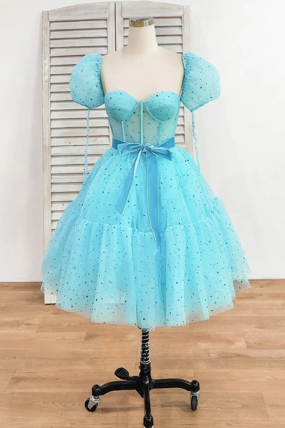 Blue A-line Stars Puff Sleeves Tulle Homecoming Dress with Sash