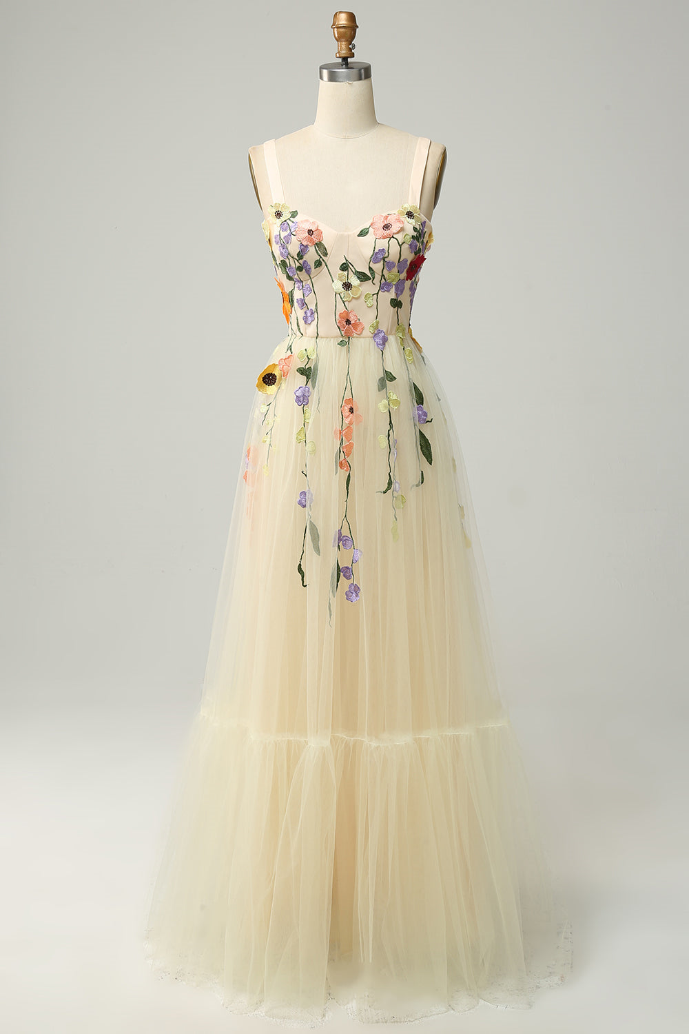 Light Yellow A-line Appliques Tulle Long Prom Dress | Joyofdress Light Yellow A-line Appliques Tulle Long Prom Dress | Joyofdress