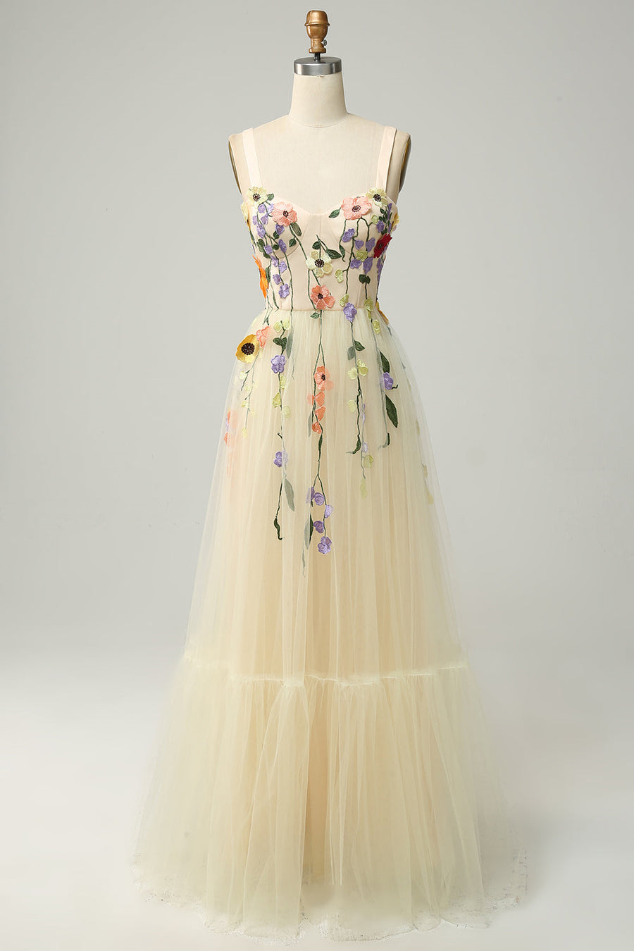 Light Yellow A-line Appliques Tulle Long Prom Dress