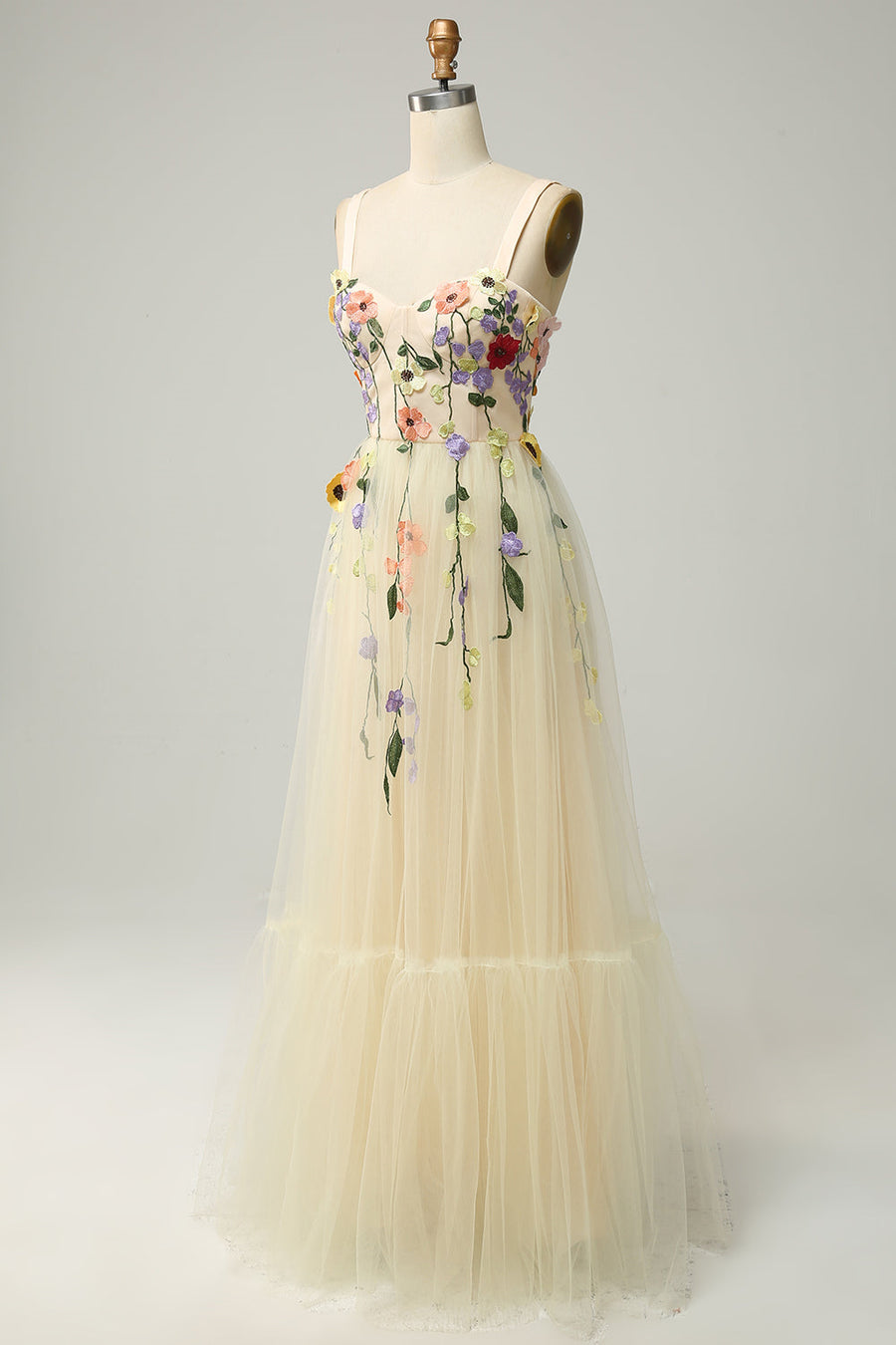 Light Yellow A-line Appliques Tulle Long Prom Dress