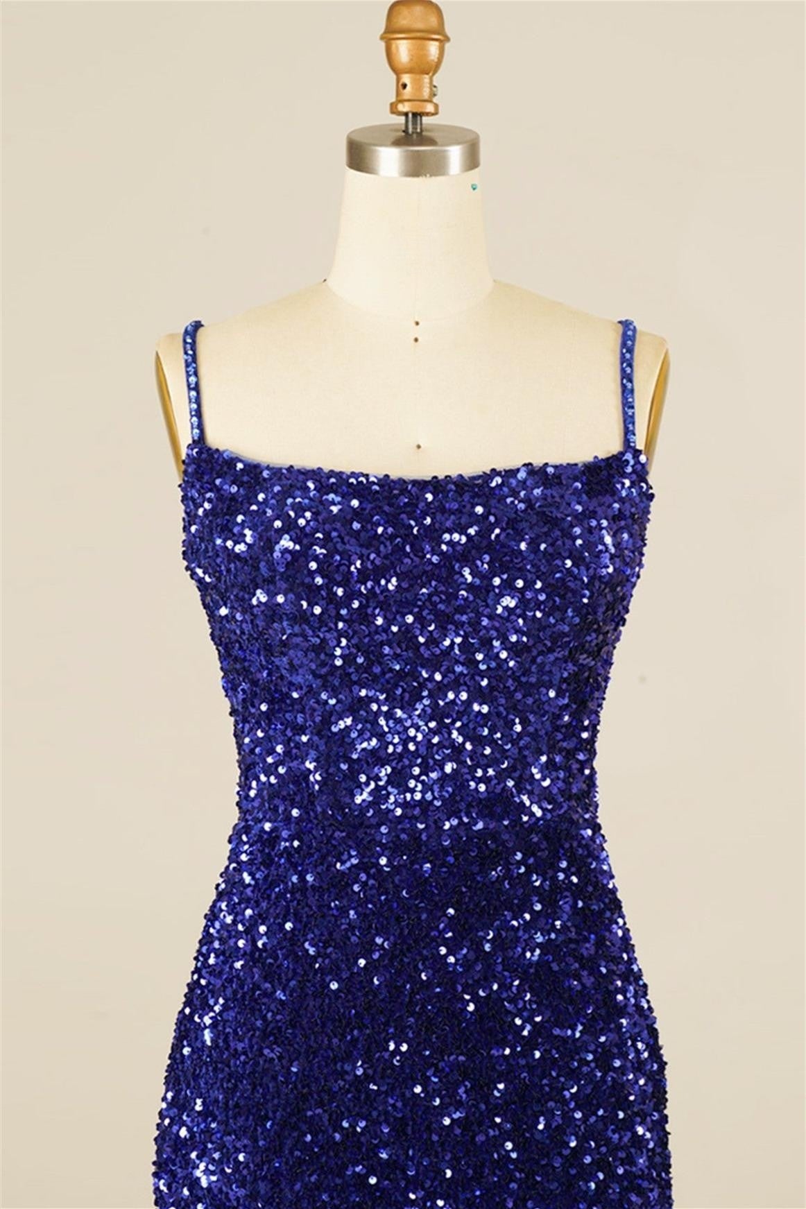 Royal Blue Sequins Lace-Up Sheath Homecoming Dress with Tassels
