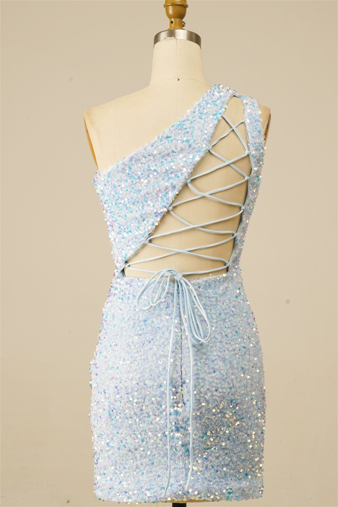 Light Blue Sheath Lace-Up One Shoulder Sequins Homecoming Dress