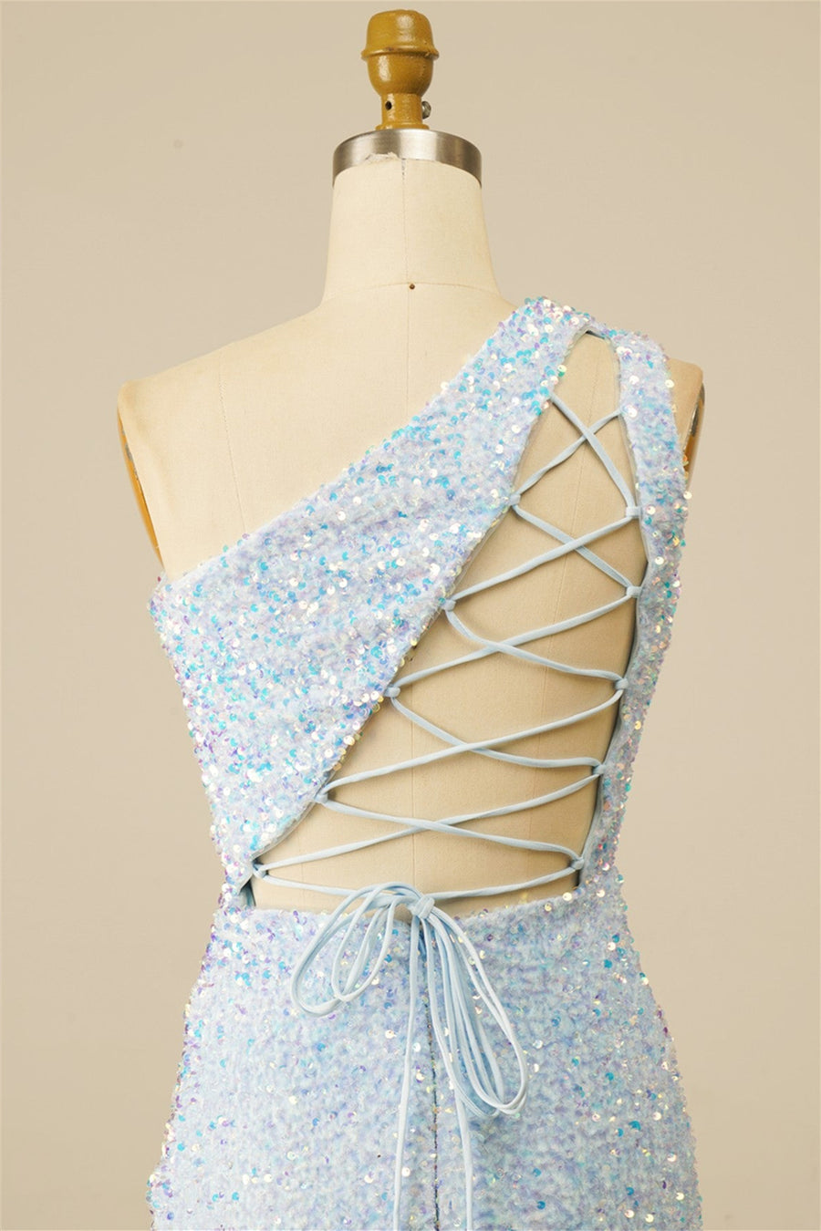 Light Blue Sheath Lace-Up One Shoulder Sequins Homecoming Dress
