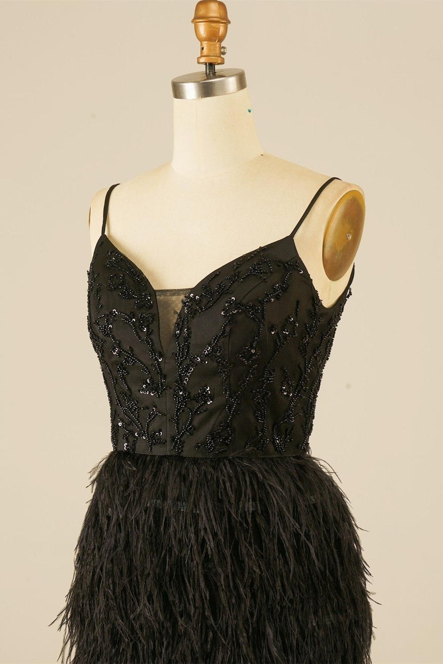 Black Plunging V Neck beading-embroidered Homecoming Dress with Feathers