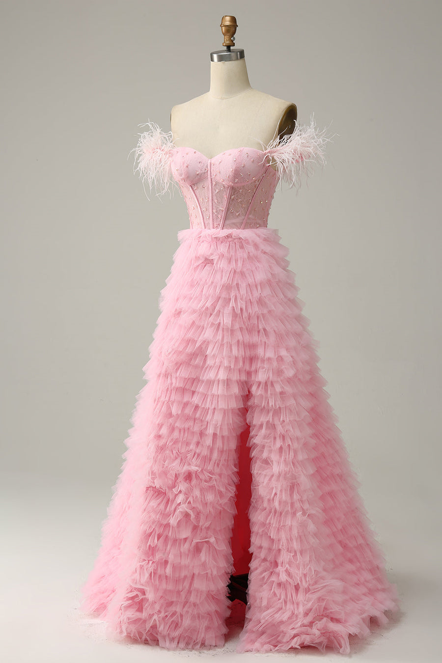 Pink Off-the-Shoulder Feathers Beaded A-line Ruffles Long Prom Dress with Slit Purple / US 4 Pink Off-the-Shoulder Feathers Beaded A-line Ruffles Long Prom Dress with Slit Purple / US 4
