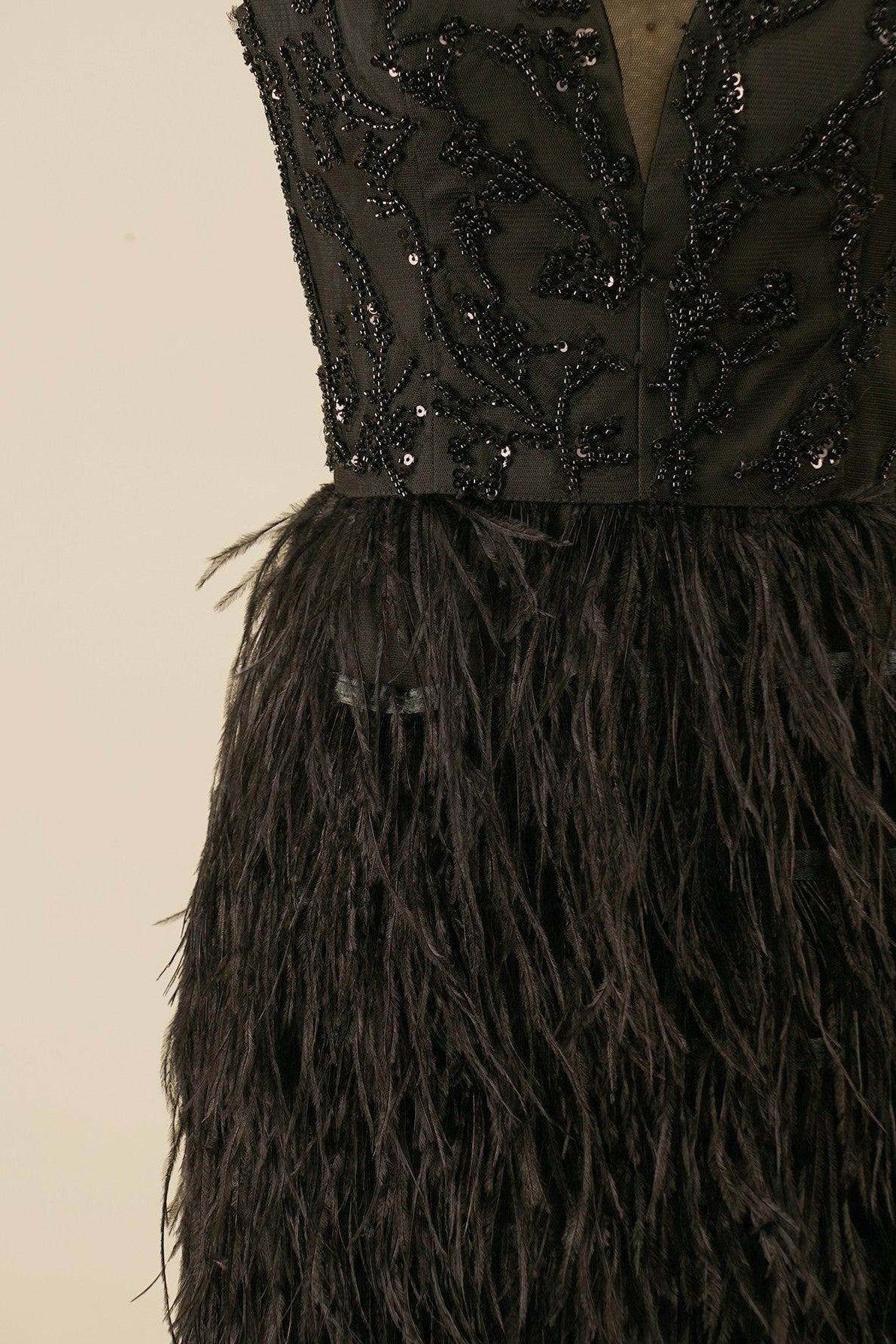Black Plunging V Neck beading-embroidered  Homecoming Dress with Feathers