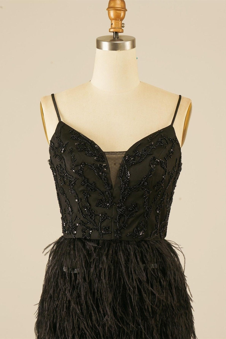 Black Plunging V Neck beading-embroidered Homecoming Dress with Feathers